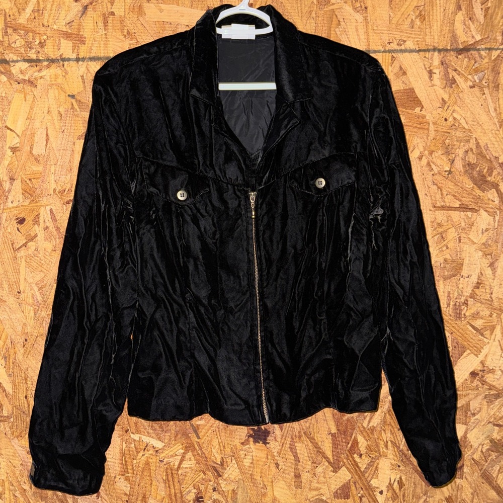 VTG Black Crushed Velvet Crop Bomber Jacket Moto Chic Layering Zip Up USA M/L